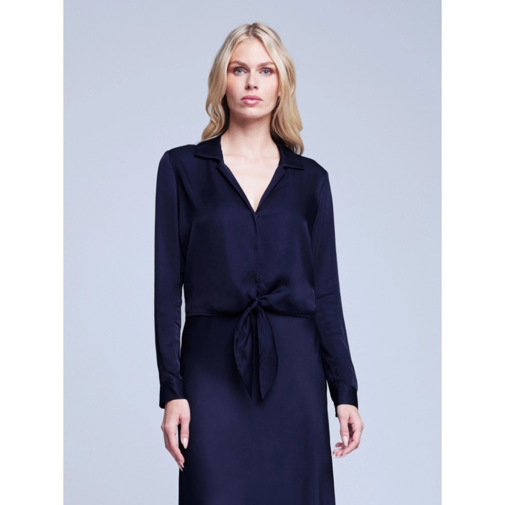 LAgence Annie Blouse Blue Silky Satin Tie Front Collared Long Sleeve Size XS